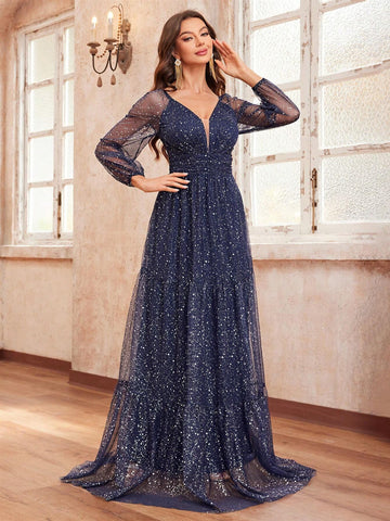 Giffniseti Women's Party Dress With Lantern Sleeves, Glitter, Mesh And Autumn Style