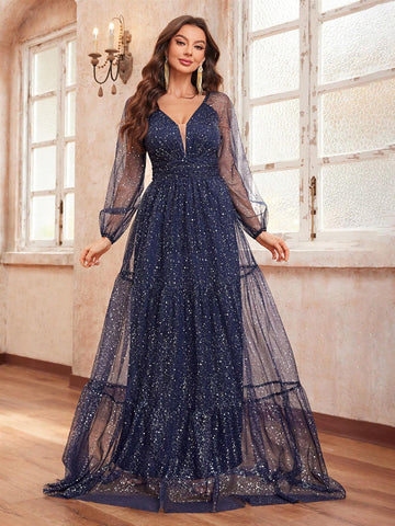 Giffniseti Women's Party Dress With Lantern Sleeves, Glitter, Mesh And Autumn Style