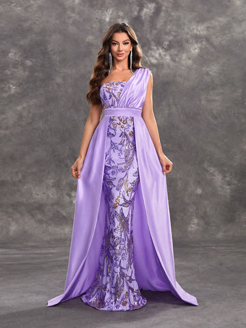 Giffniseti Women's Party Dress With Sequin Floral Print, Sleeveless, One Shoulder, Open Back, Perfect For Dance Party
