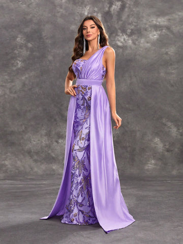 Giffniseti Women's Party Dress With Sequin Floral Print, Sleeveless, One Shoulder, Open Back, Perfect For Dance Party