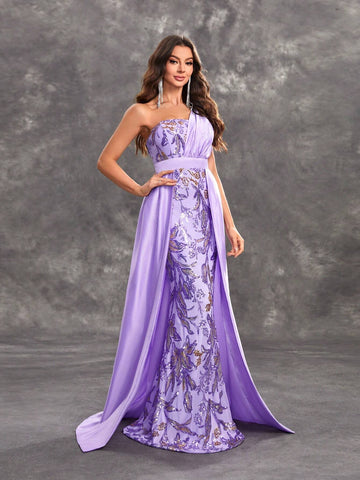 Giffniseti Women's Party Dress With Sequin Floral Print, Sleeveless, One Shoulder, Open Back, Perfect For Dance Party