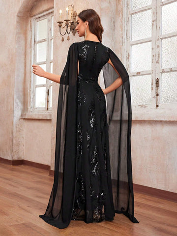 Giffniseti Women's Party Dress With Sequin Flowers, V-Neckline And Draped Sleeves For Elegant And Chic Look