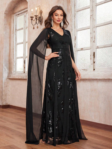 Giffniseti Women's Party Dress With Sequin Flowers, V-Neckline And Draped Sleeves For Elegant And Chic Look