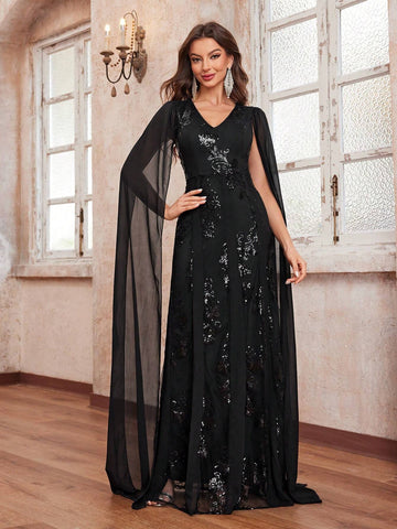 Giffniseti Women's Party Dress With Sequin Flowers, V-Neckline And Draped Sleeves For Elegant And Chic Look