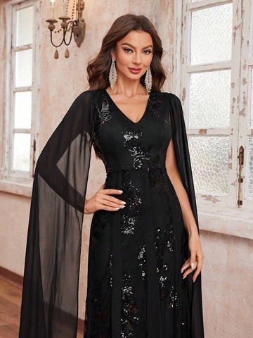 Giffniseti Women's Party Dress With Sequin Flowers, V-Neckline And Draped Sleeves For Elegant And Chic Look