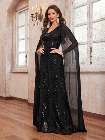 Giffniseti Women's Party Dress With Sequin Flowers, V-Neckline And Draped Sleeves For Elegant And Chic Look