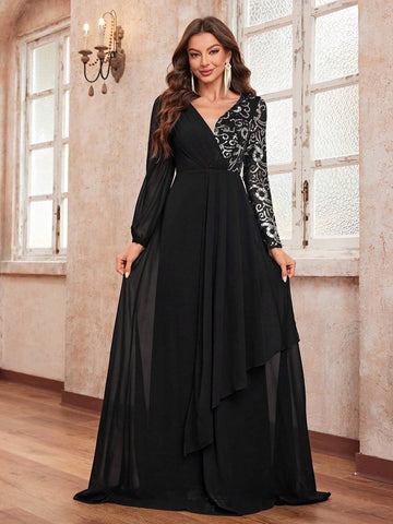 Giffniseti Women's Party Dress With V-Neck, Long Sleeve, Patchwork, Printed & Sequined Details For Ballroom Party Evening