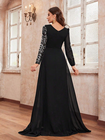 Giffniseti Women's Party Dress With V-Neck, Long Sleeve, Patchwork, Printed & Sequined Details For Ballroom Party Evening