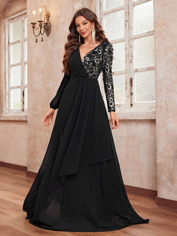 Giffniseti Women's Party Dress With V-Neck, Long Sleeve, Patchwork, Printed & Sequined Details For Ballroom Party Evening