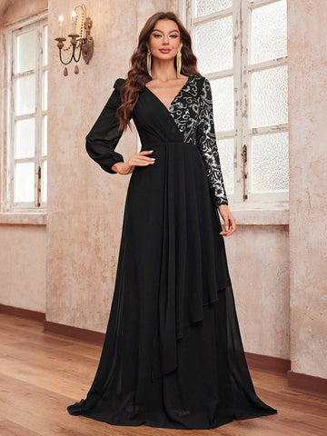 Giffniseti Women's Party Dress With V-Neck, Long Sleeve, Patchwork, Printed & Sequined Details For Ballroom Party Evening