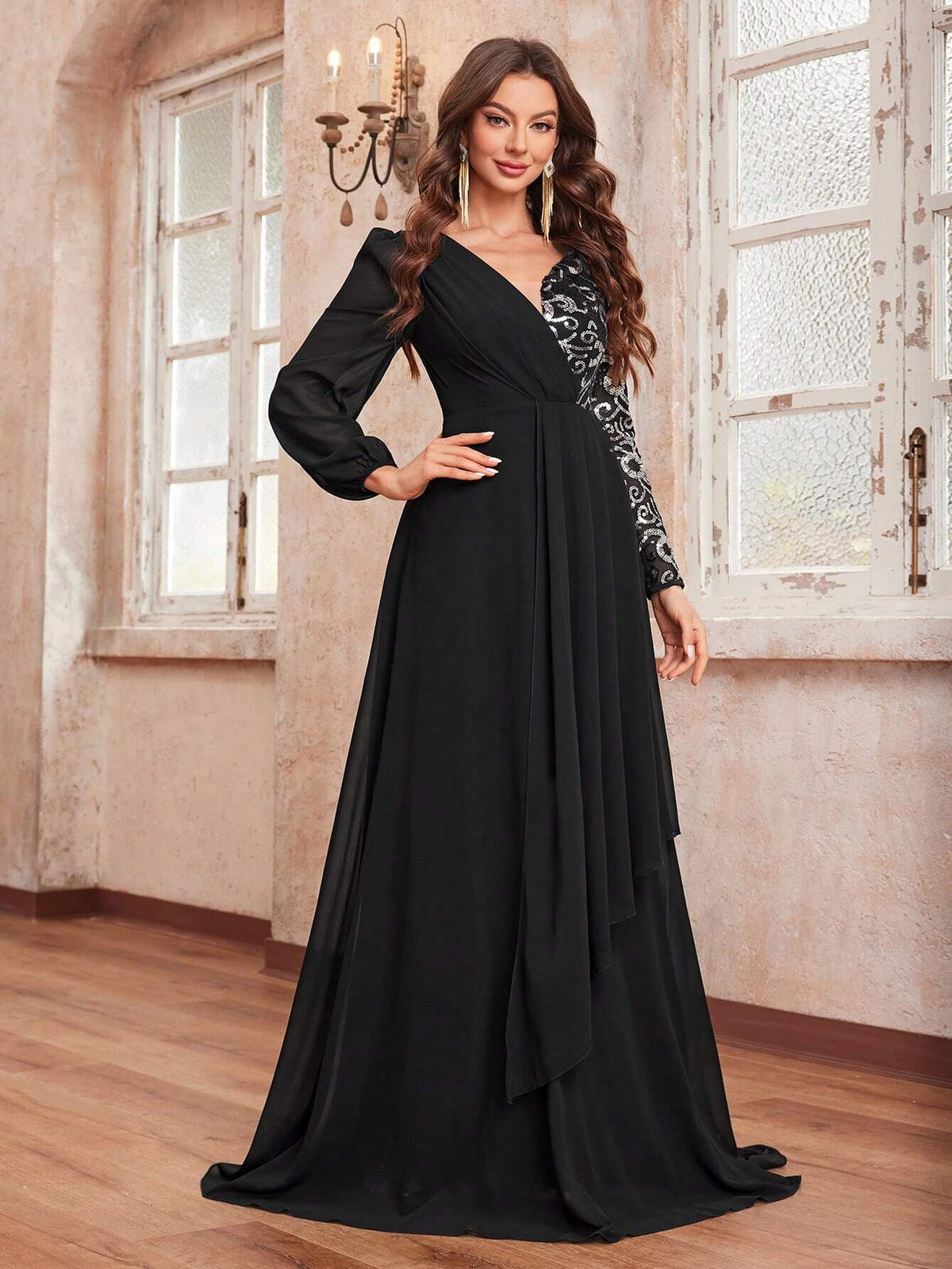 Giffniseti Women's Party Dress With V-Neck, Long Sleeve, Patchwork, Printed & Sequined Details For Ballroom Party Evening