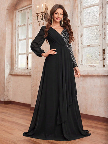 Giffniseti Women's Party Dress With V-Neck, Long Sleeve, Patchwork, Printed & Sequined Details For Ballroom Party Evening