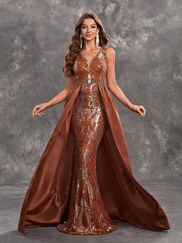 Giffniseti Women's Party Evening Dress With Glittering Printed V Neck Cape Sleeveless