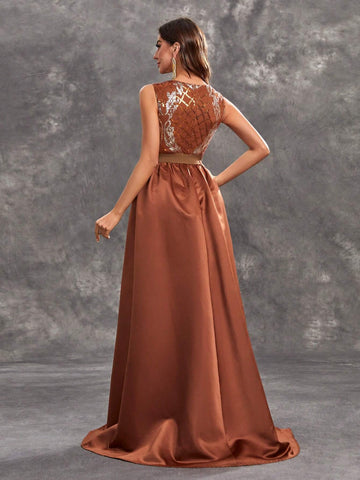 Giffniseti Women's Party Evening Dress With Glittering Printed V Neck Cape Sleeveless