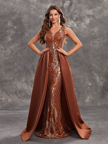 Giffniseti Women's Party Evening Dress With Glittering Printed V Neck Cape Sleeveless