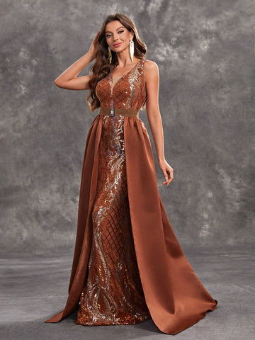 Giffniseti Women's Party Evening Dress With Glittering Printed V Neck Cape Sleeveless