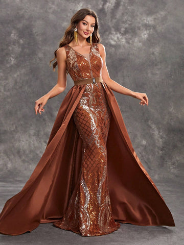 Giffniseti Women's Party Evening Dress With Glittering Printed V Neck Cape Sleeveless