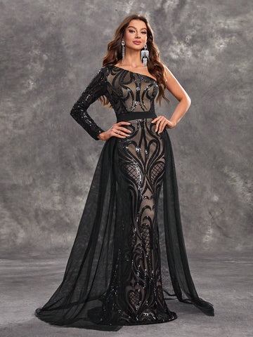 Giffniseti Women's Party Mermaid Gown With Sequin One Shoulder Floral Embroidery Mesh Elegant And Sexy Evening Dress