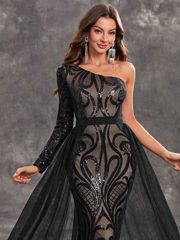 Giffniseti Women's Party Mermaid Gown With Sequin One Shoulder Floral Embroidery Mesh Elegant And Sexy Evening Dress