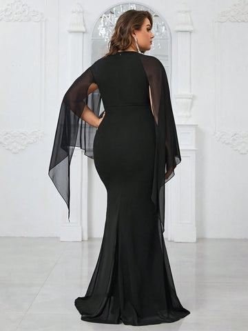 Giffniseti Women's Plus Size Cape Sleeve Ruched High Split Mermaid Evening Dress