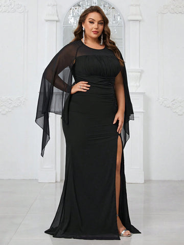 Giffniseti Women's Plus Size Cape Sleeve Ruched High Split Mermaid Evening Dress