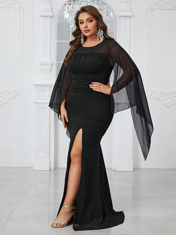 Giffniseti Women's Plus Size Cape Sleeve Ruched High Split Mermaid Evening Dress