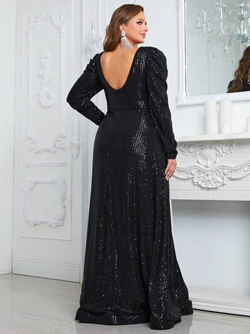Giffniseti Women's Plus Size Sequined Long Sleeve Party Evening Dress