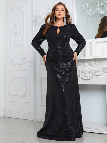 Giffniseti Women's Plus Size Sequined Long Sleeve Party Evening Dress
