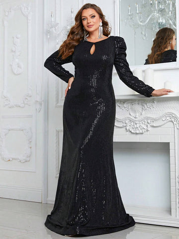 Giffniseti Women's Plus Size Sequined Long Sleeve Party Evening Dress
