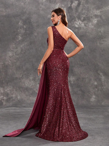 Giffniseti Women's Satin Single Shoulder Sequined Color Block Evening Dress With Thigh-High Split, Elegant Party Gown