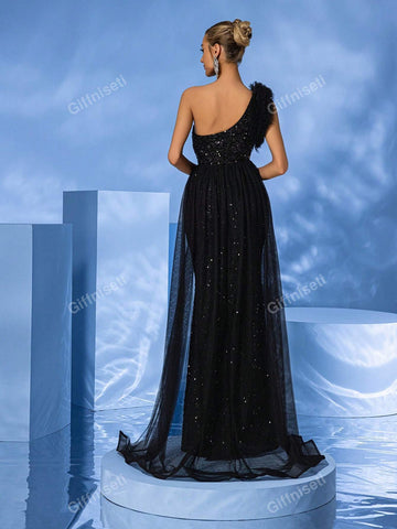 Giffniseti Women's Sequin One Shoulder Floral Lace & Mesh Decor Elegant Mermaid Evening Dress