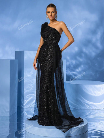 Giffniseti Women's Sequin One Shoulder Floral Lace & Mesh Decor Elegant Mermaid Evening Dress