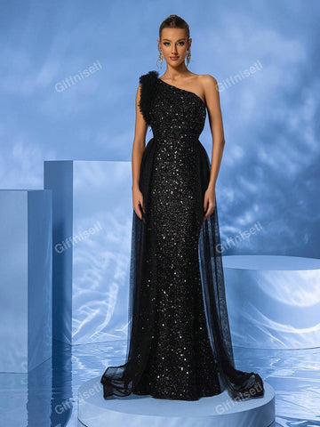 Giffniseti Women's Sequin One Shoulder Floral Lace & Mesh Decor Elegant Mermaid Evening Dress