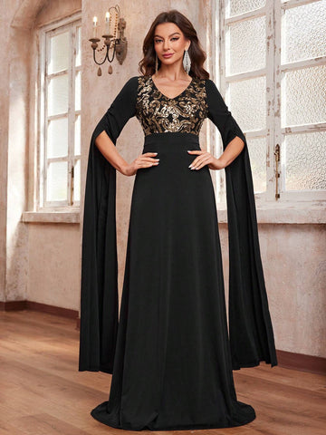 Giffniseti Women's Shiny Floral Printed V-Neck Party Dress With Flowy Sleeves For Ball, Evening