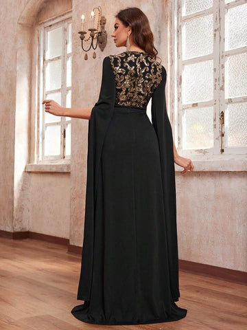 Giffniseti Women's Shiny Floral Printed V-Neck Party Dress With Flowy Sleeves For Ball, Evening