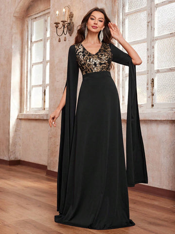 Giffniseti Women's Shiny Floral Printed V-Neck Party Dress With Flowy Sleeves For Ball, Evening