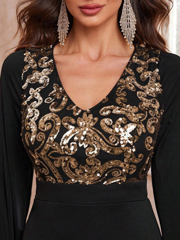 Giffniseti Women's Shiny Floral Printed V-Neck Party Dress With Flowy Sleeves For Ball, Evening