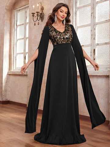 Giffniseti Women's Shiny Floral Printed V-Neck Party Dress With Flowy Sleeves For Ball, Evening