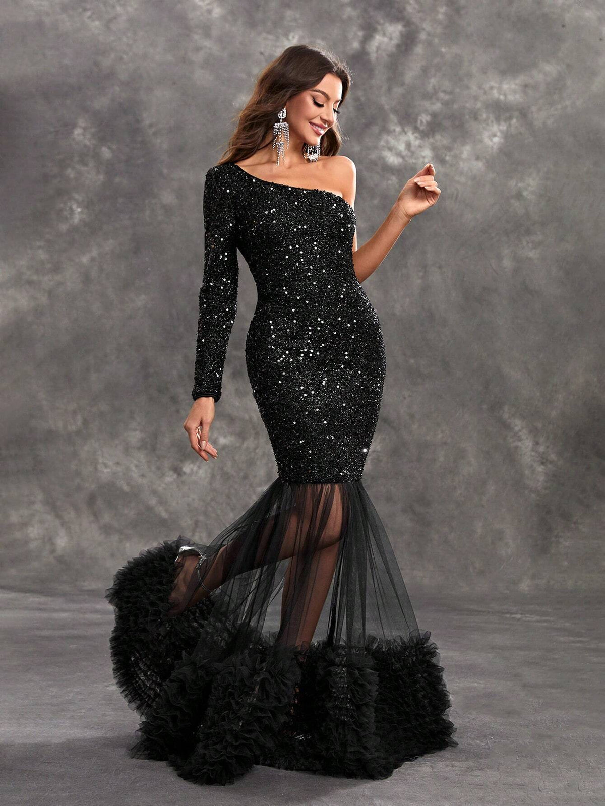 Giffniseti Women's Single Shoulder Long Sleeve Sequined Tulle Dress With Mesh Hem For Party, Elegant And Graceful