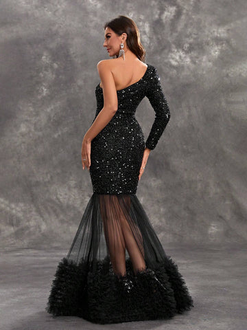 Giffniseti Women's Single Shoulder Long Sleeve Sequined Tulle Dress With Mesh Hem For Party, Elegant And Graceful