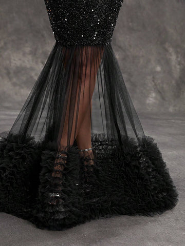 Giffniseti Women's Single Shoulder Long Sleeve Sequined Tulle Dress With Mesh Hem For Party, Elegant And Graceful