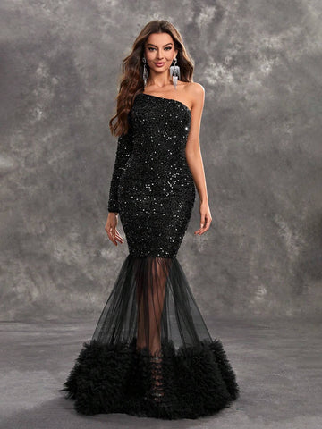 Giffniseti Women's Single Shoulder Long Sleeve Sequined Tulle Dress With Mesh Hem For Party, Elegant And Graceful