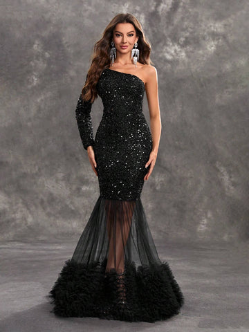 Giffniseti Women's Single Shoulder Long Sleeve Sequined Tulle Dress With Mesh Hem For Party, Elegant And Graceful