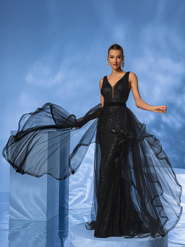 Giffniseti Women's Sleeveless V-Neck Elegant Luxurious Party Evening Dress With Sequins & Net Yarn Patchwork