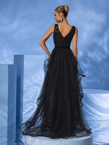 Giffniseti Women's Sleeveless V-Neck Elegant Luxurious Party Evening Dress With Sequins & Net Yarn Patchwork