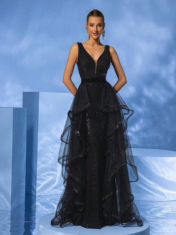 Giffniseti Women's Sleeveless V-Neck Elegant Luxurious Party Evening Dress With Sequins & Net Yarn Patchwork