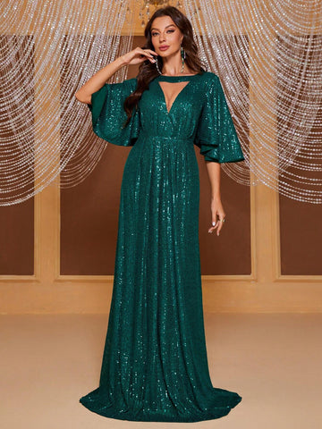 Giffniseti Women's Sparkling Sequin Lotus Leaf Short Sleeve Hollow Out Evening Dress