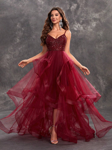 Giffniseti Women's Sparkling Spaghetti Strap Glittery Mesh Party Dress With Multilayered Tulle Skirt For Evening Prom