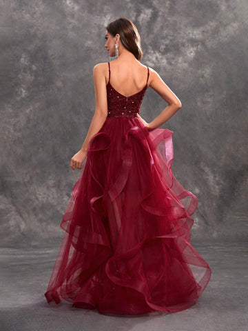 Giffniseti Women's Sparkling Spaghetti Strap Glittery Mesh Party Dress With Multilayered Tulle Skirt For Evening Prom