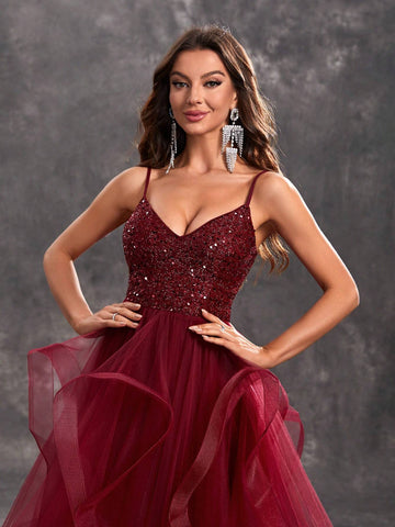 Giffniseti Women's Sparkling Spaghetti Strap Glittery Mesh Party Dress With Multilayered Tulle Skirt For Evening Prom